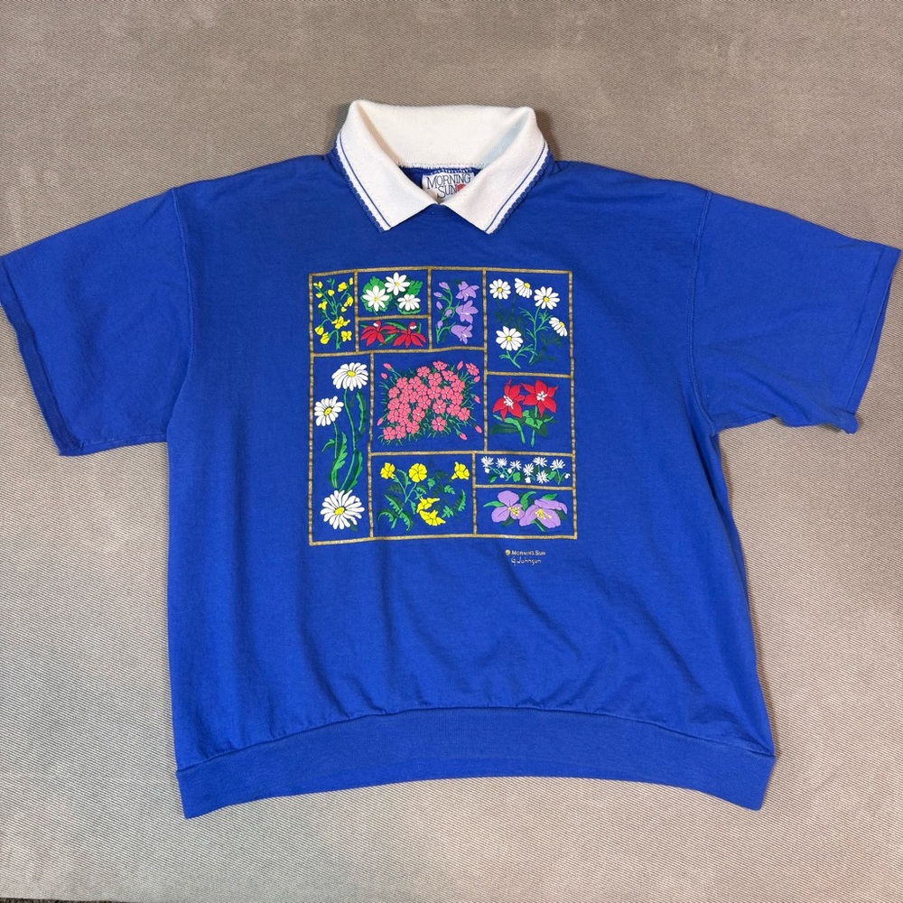 Morning Sun Womens Blue Floral Polo Sweatshirt Top L Made in USA